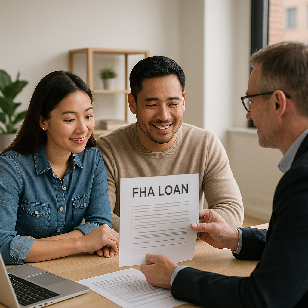 Couple reviewing FHA loan documents with Seattle mortgage broker